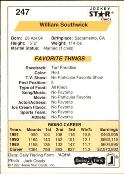 1992 Jockey Star #247 William Southwick Back